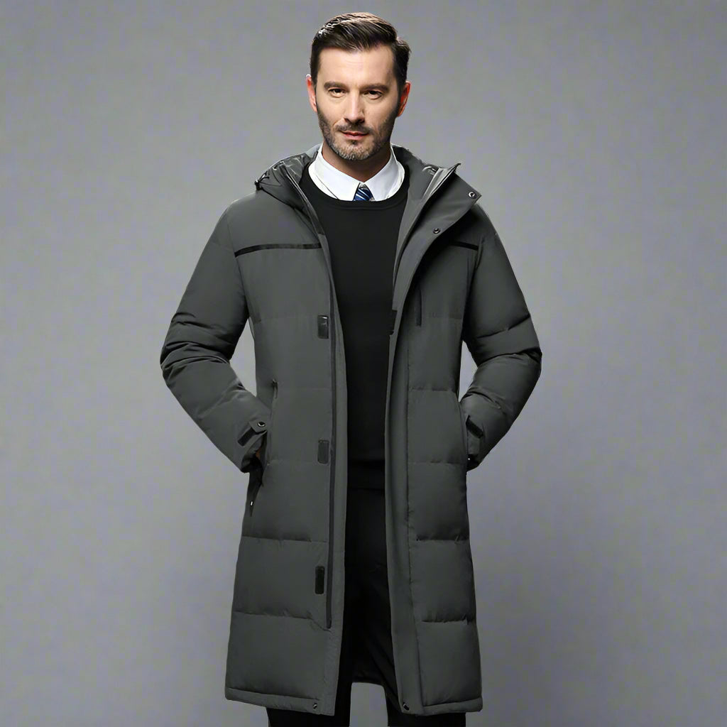 Manteau homme long en duvet de canard, élégant et chaud, idéal pour les tenues formelles et décontractées.