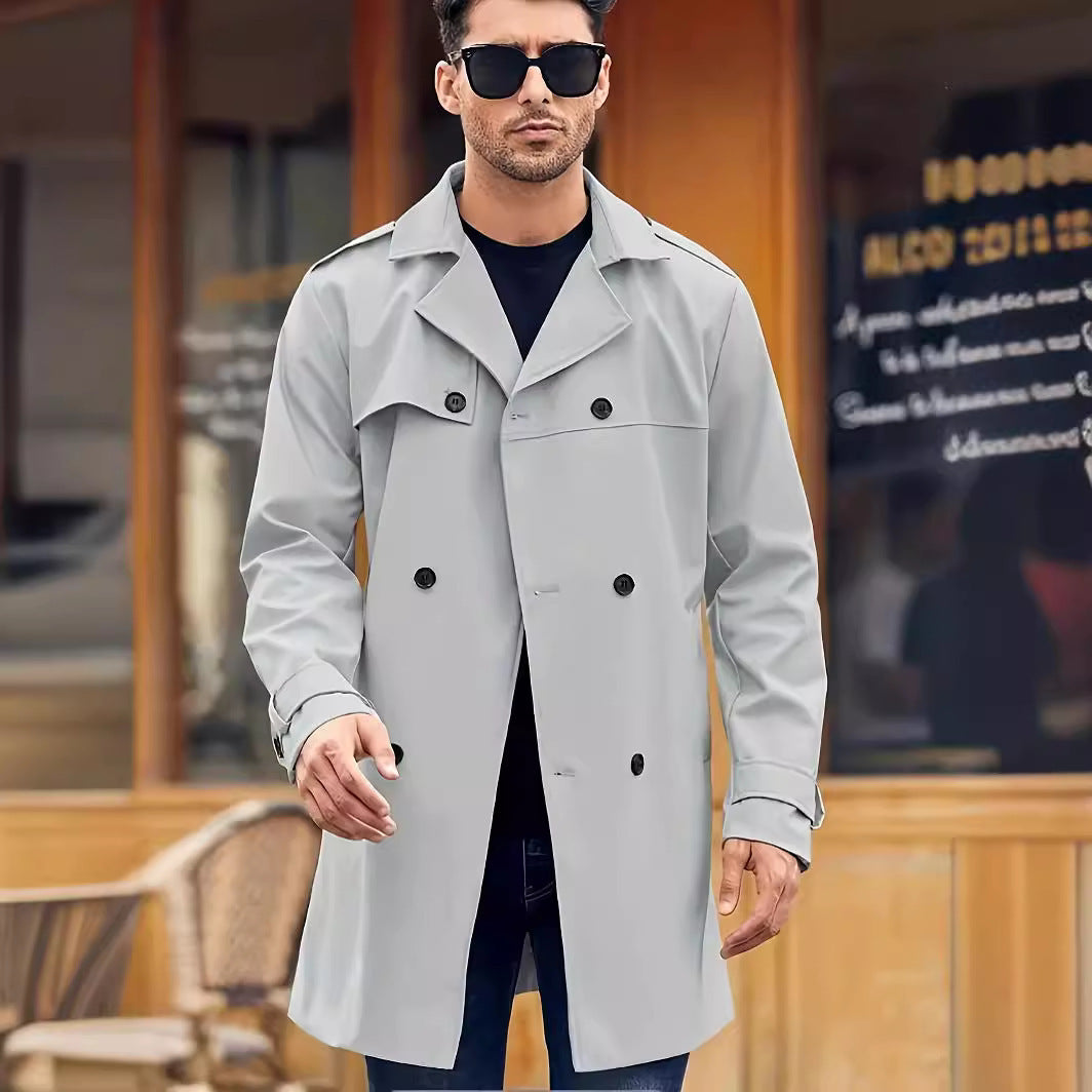 Manteau long pour hommes en fibre de polyester, coupe régulière avec ceinture, disponible en gris clair, noir, kaki et marron foncé.