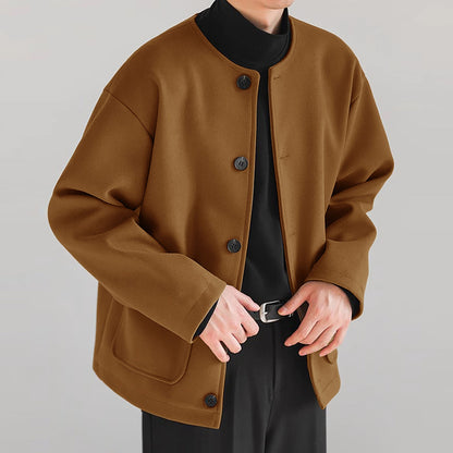 Veste homme décontractée en polyester, couleur marron, style coréen avec poches à surpiqûres.